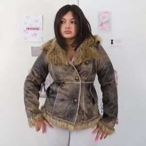 Vintage Y2K Distressed Brown Faux Suede & Fur Penny Lane Coat